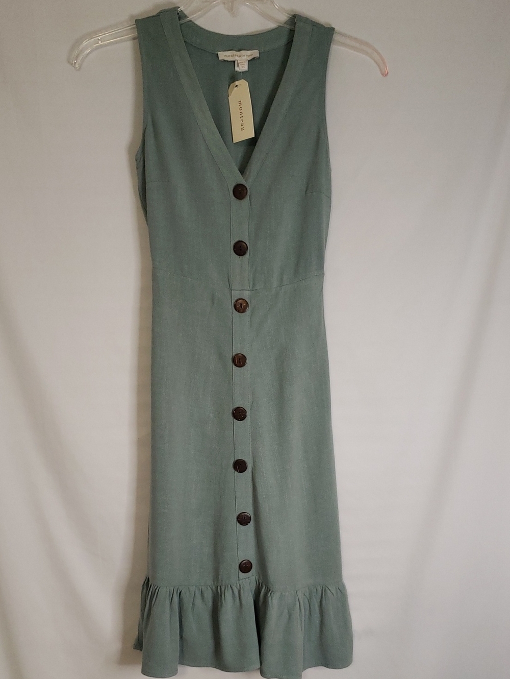 Monteau Sleeveless Sage Green Button Front Detail Ruffle Hem Dress